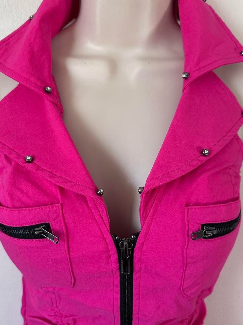 Hot Pink Stud-Trim Sleeveless Zip Front Jacket - Picture 6 of 7